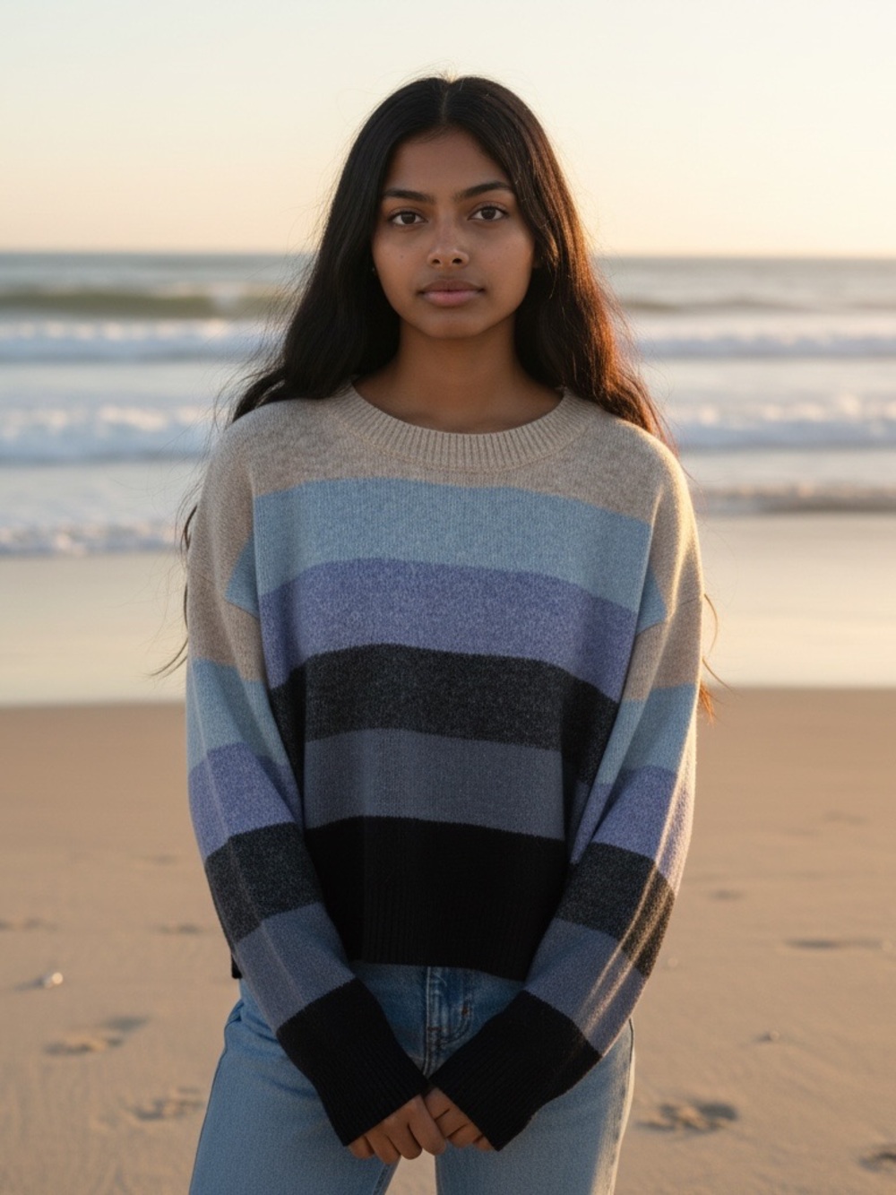 BIBI size large Crewneck sweater blue ombre stripe boutique fall fashion